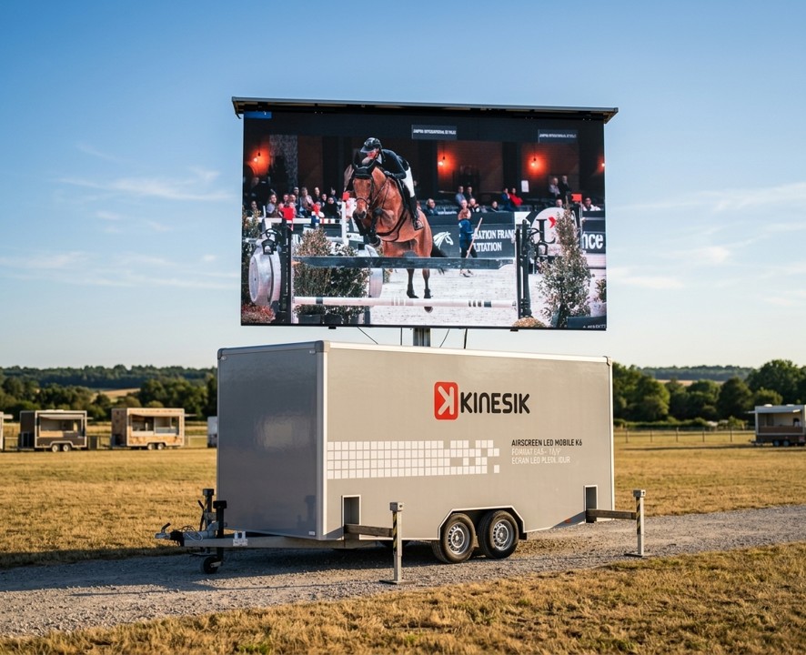 location-Écran-LED- P6 -Outdoor 15 m²-sono-medoc Location écran LED extérieur pour vos événements: écran géant monté sur remorque, affichant une scène équestre en plein air.