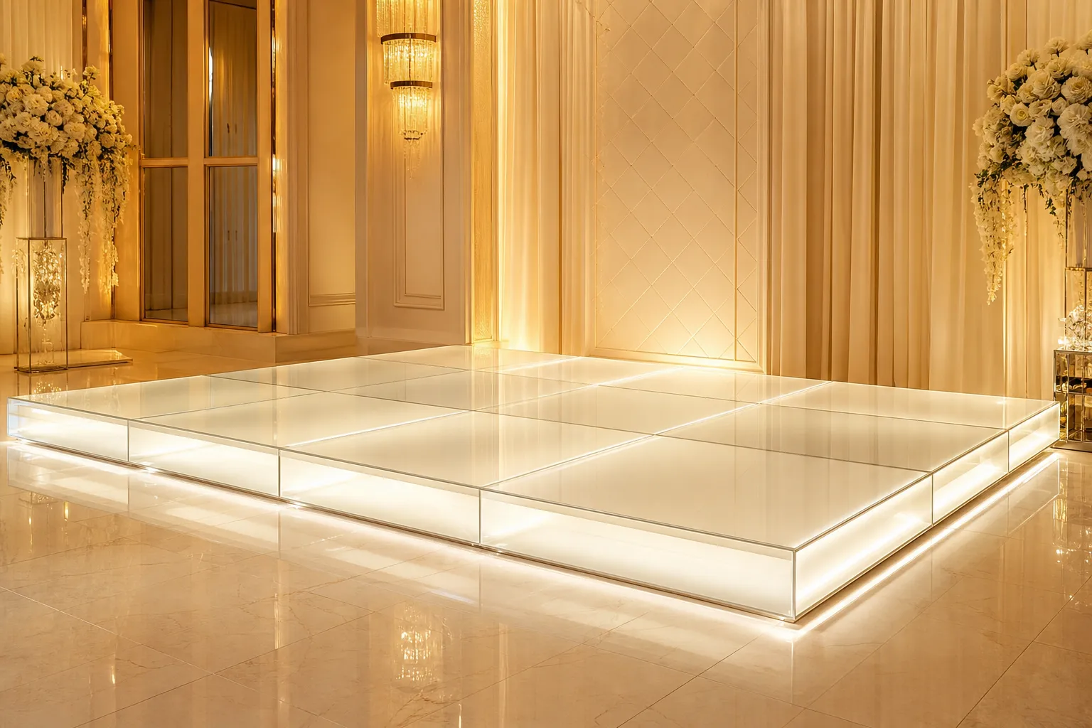 Podium lumineux mariage en LED intégrée sur estrade blanche, ambiance dorée et décor floral autour de l’espace cérémonie.