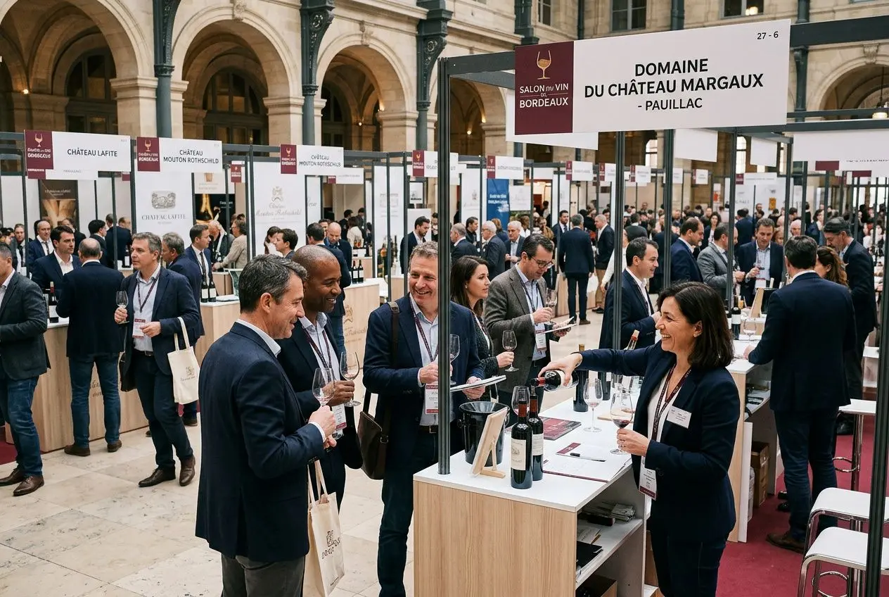 Professionnels lors d’un salon expo, échanges et dégustations de vins autour d’un stand Bordeaux. Organiser un salon à Bordeaux.