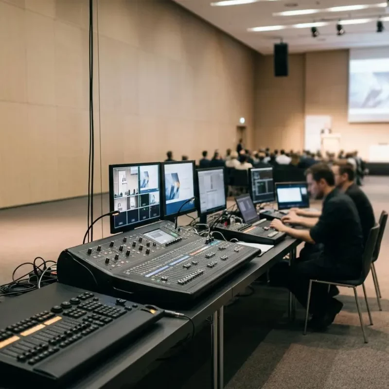 Régie technique séminaire professionnel: console de mixage et écrans de contrôle en avant-scène, maître d’œuvre et techniciens gérant son et lumière pour une salle de conférence.