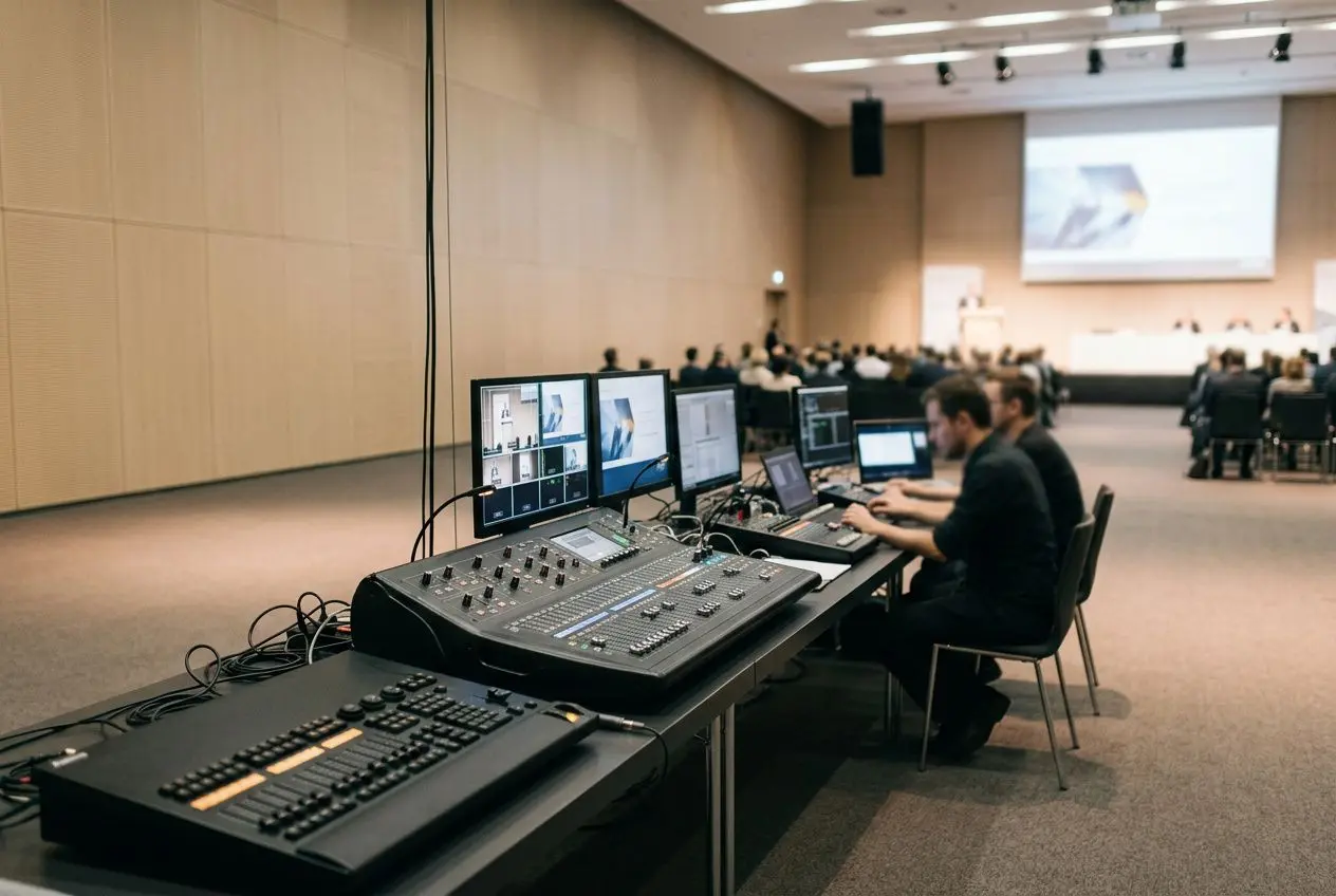 Régie technique séminaire professionnel: console de mixage et écrans de contrôle en avant-scène, maître d’œuvre et techniciens gérant son et lumière pour une salle de conférence.