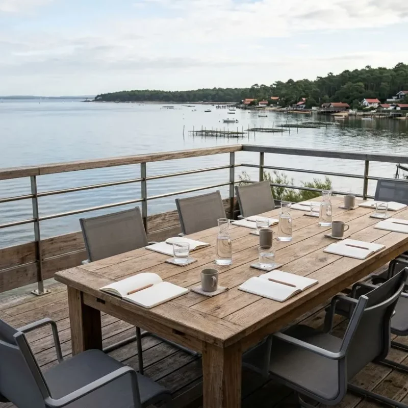 Table haute sur une terrasse au bord du bassin d'arcachon, vue mer, repas d'entreprise prêt à être servi, cadre idéal pour une agence evenementiel bassin d'arcachon.