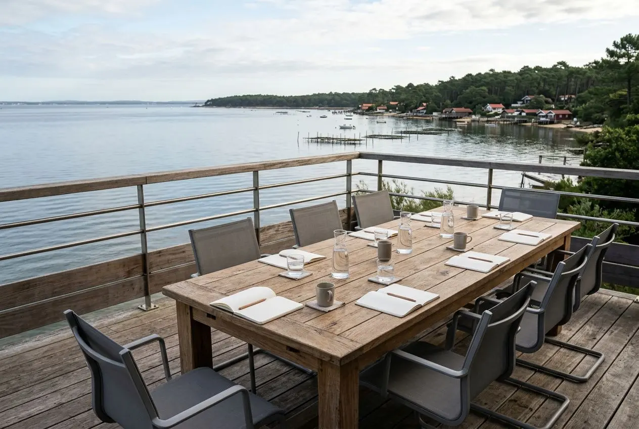 Table haute sur une terrasse au bord du bassin d'arcachon, vue mer, repas d'entreprise prêt à être servi, cadre idéal pour une agence evenementiel bassin d'arcachon.
