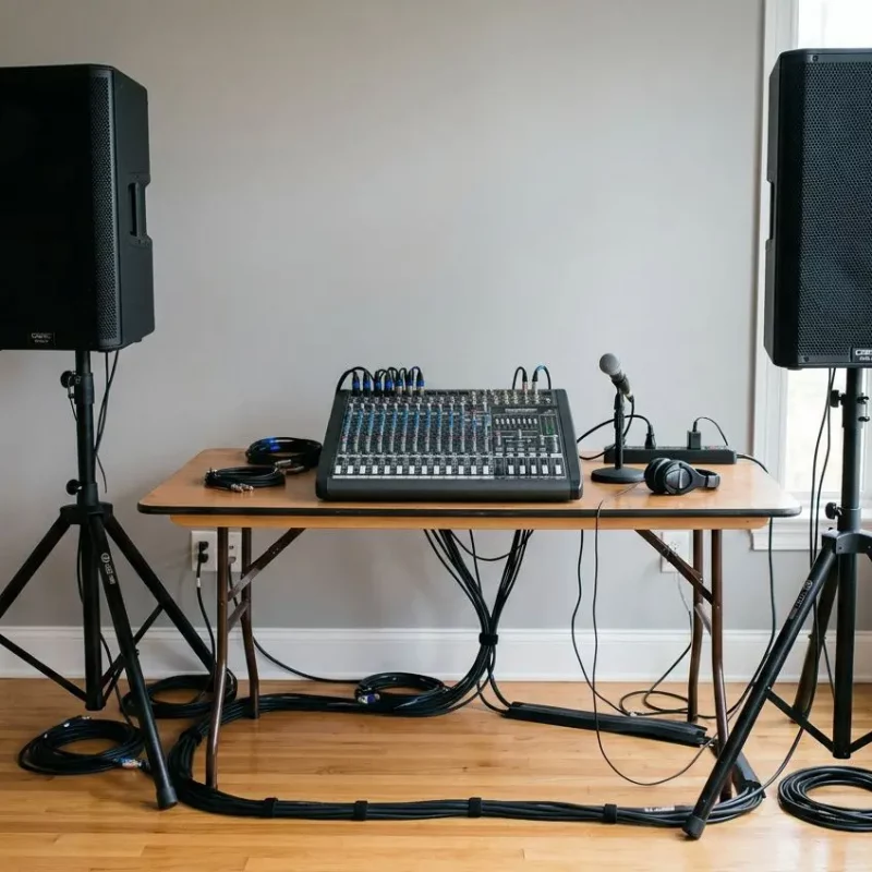 Table de mixage avec enceintes et micros sur pied, échantillons de câbles, prêt pour une location matériel sonorisation événement.