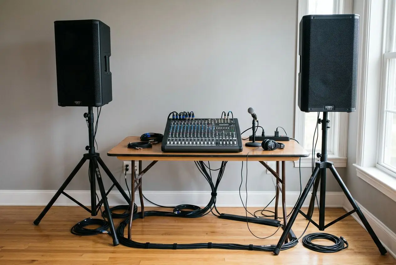 Table de mixage avec enceintes et micros sur pied, échantillons de câbles, prêt pour une location matériel sonorisation événement.
