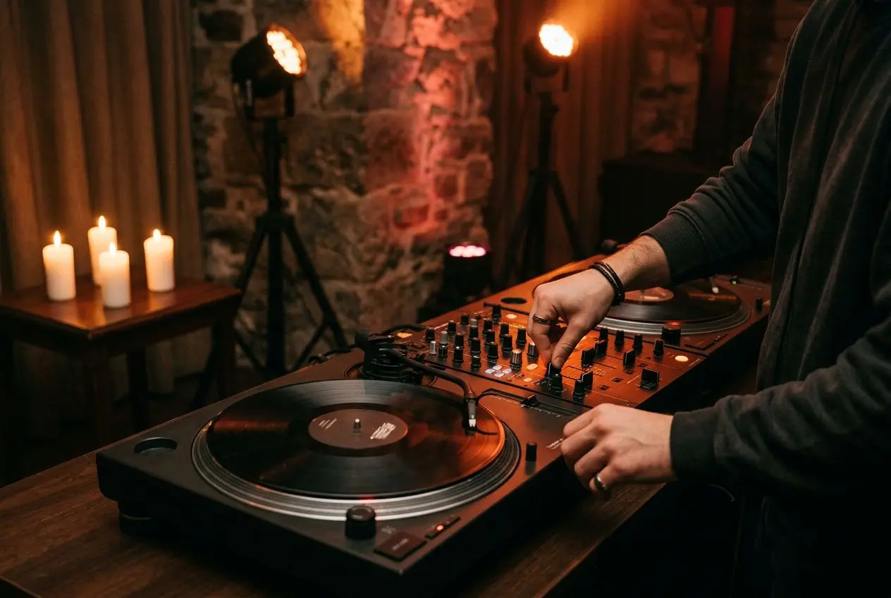 Animateur mixant vinyles et platines lors d’une soirée, ambiance éclairée par des bougies. matériel pour soirée d'anniversaire au centre de l’image.