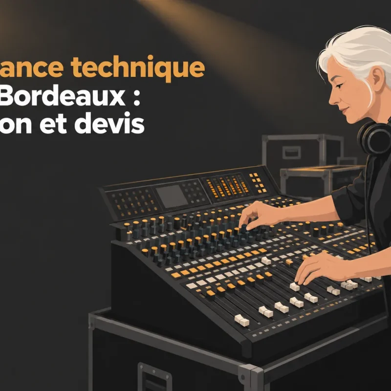 Assistance technique sono Bordeaux : régie opérant une console de mixage et contrôle audio lors d’un événement.