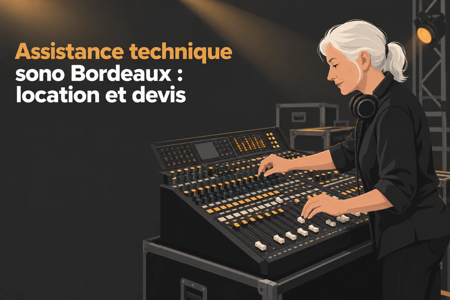 Assistance technique sono Bordeaux : régie opérant une console de mixage et contrôle audio lors d’un événement.