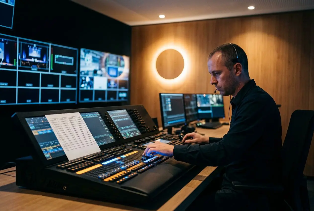 Contrôleur audio‑visuel travaillant dans une salle de post‑production ou de diffusion, entouré d’écrans et d’un pupitre de mixage. agence événementielle Bordeaux.