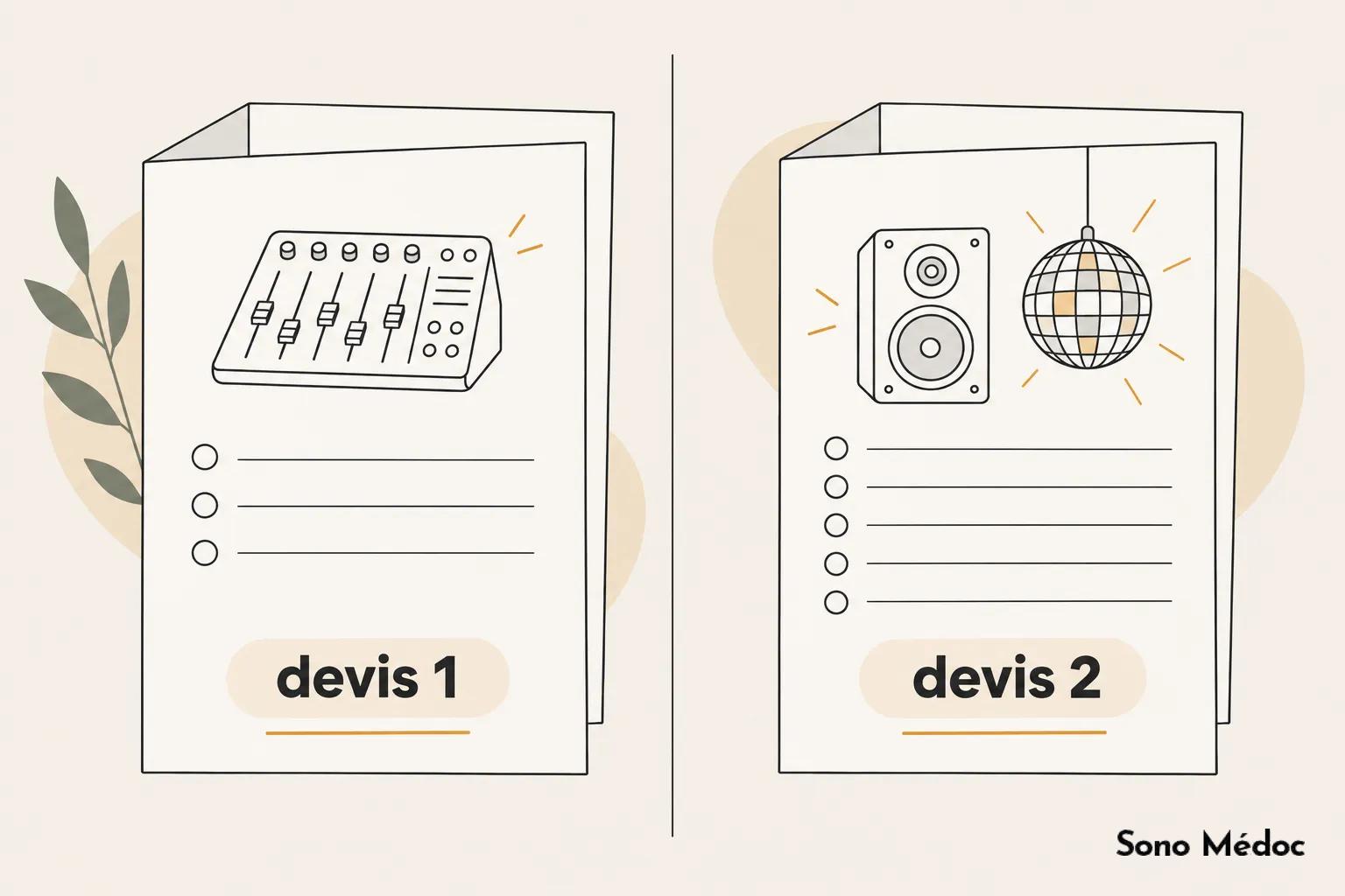 Deux devis affichés côté à côté, chacun représentant une fiche avec des listes à puces et des éléments graphiques différents