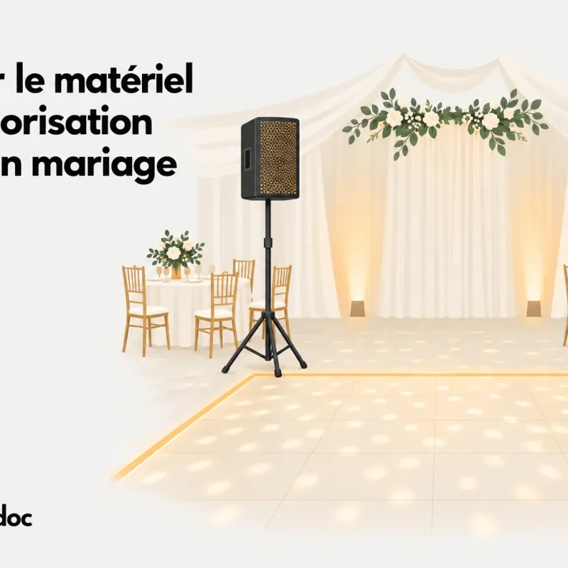 Deux enceintes sur pied installées de part et d’autre d’un espace de réception décoré pour un mariage.