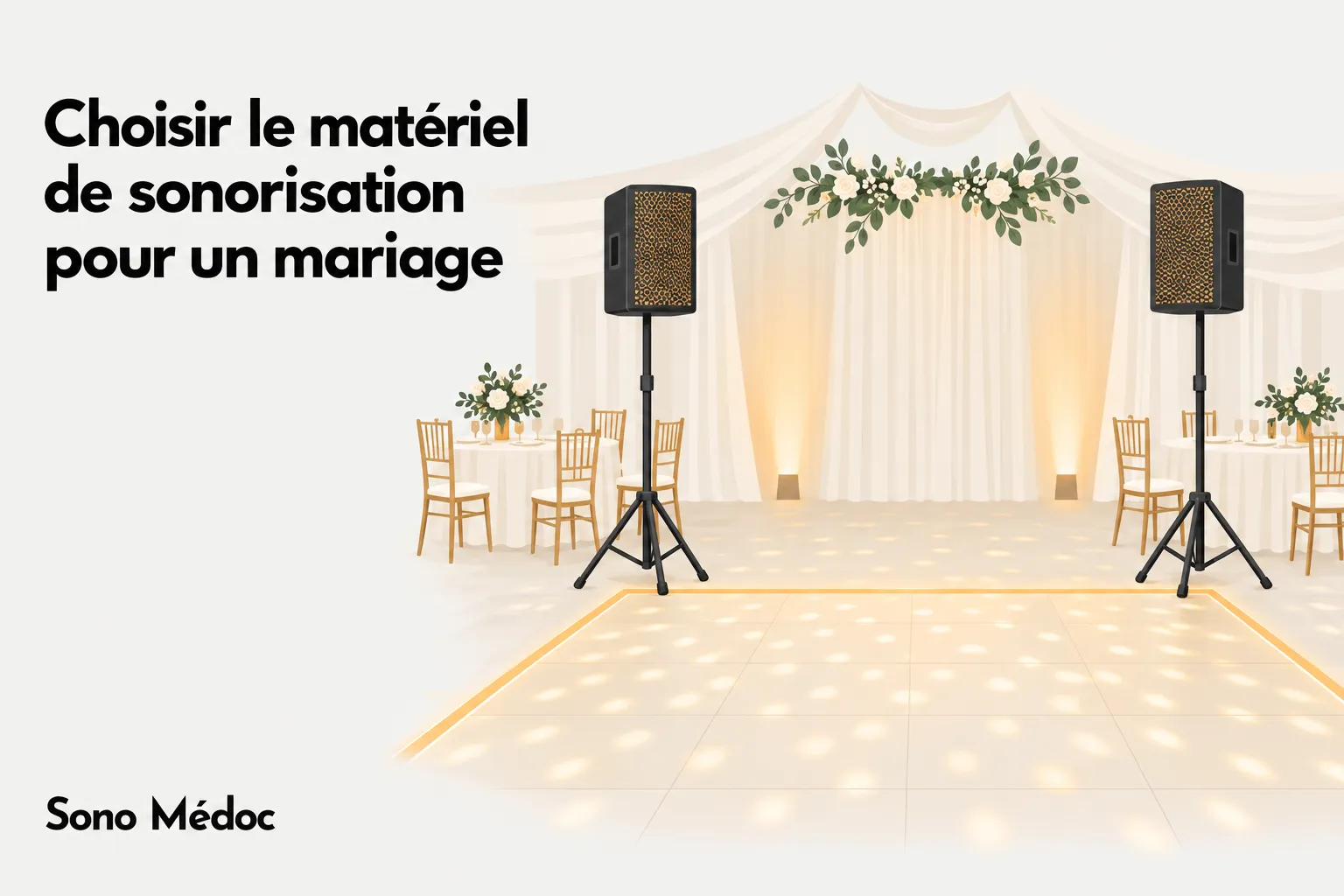 Deux enceintes sur pied installées de part et d’autre d’un espace de réception décoré pour un mariage.