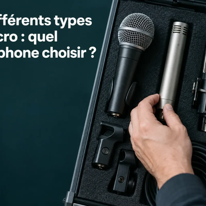 Les différents types de micro présentés dans une mallette d’équipement audio avec micro dynamique, micro à condensateur et micro USB.