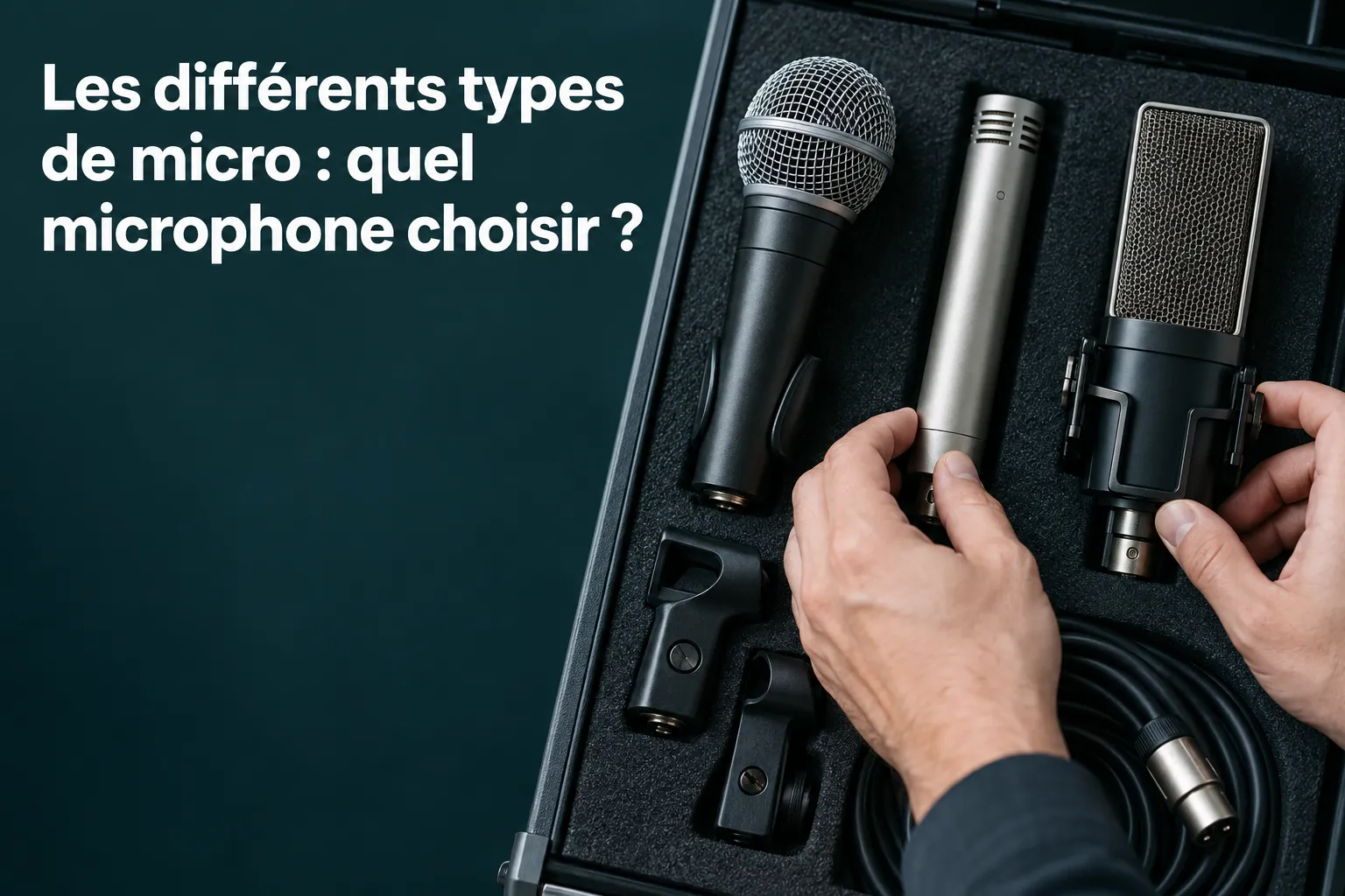 Les différents types de micro présentés dans une mallette d’équipement audio avec micro dynamique, micro à condensateur et micro USB.