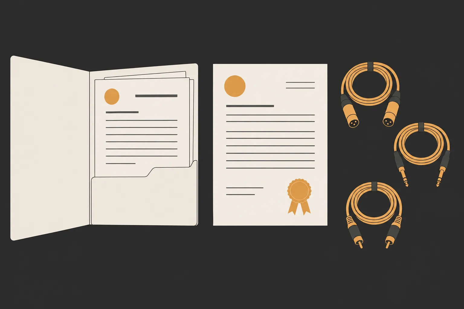 Documents et certificats d’assistance technique sono Bordeaux avec câbles audio et casques.