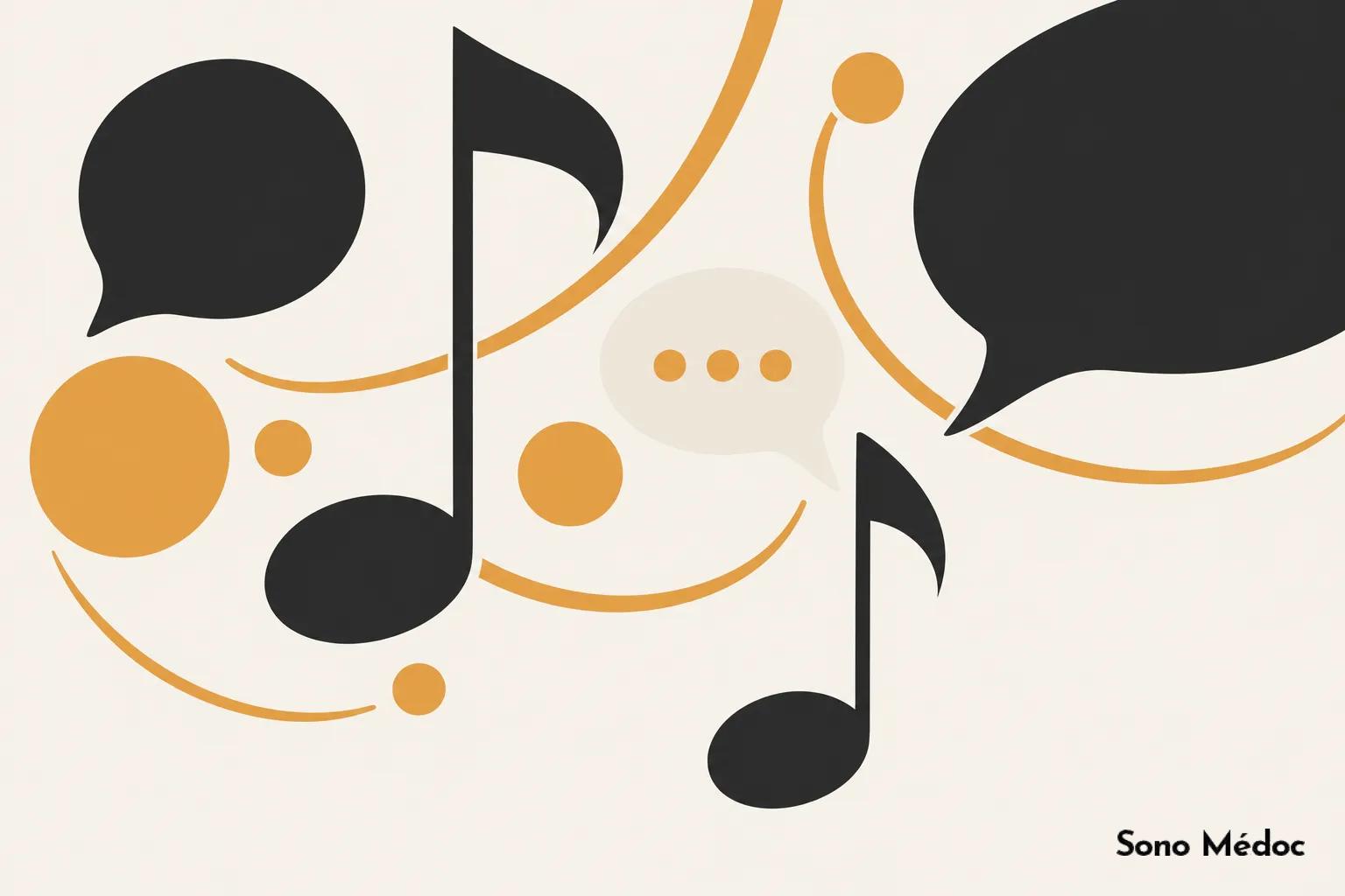 Illustration abstraite de notes de musique et de bulles de dialogue en noir et orange.