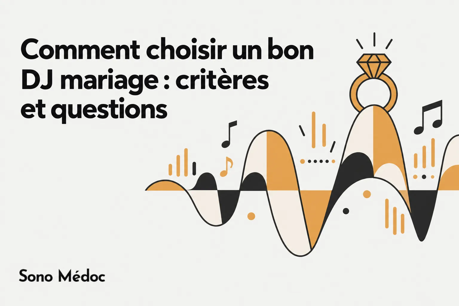Une illustration montre des formes ondulantes et des notes de musique autour d’un duo d’anneaux lumineux, symbole de mariage.