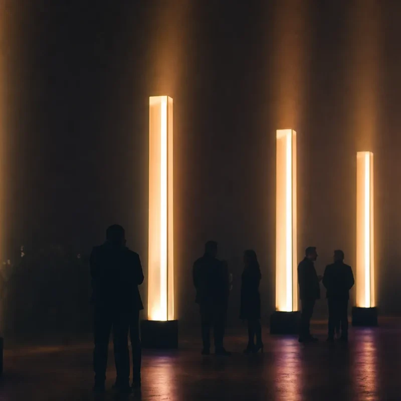 Installation d’éclairage scénique avec colonnes lumineuses verticales et silhouettes de personnes, ambiance sombre et chaleureuse, illustration de la conception éclairage événement professionnel.
