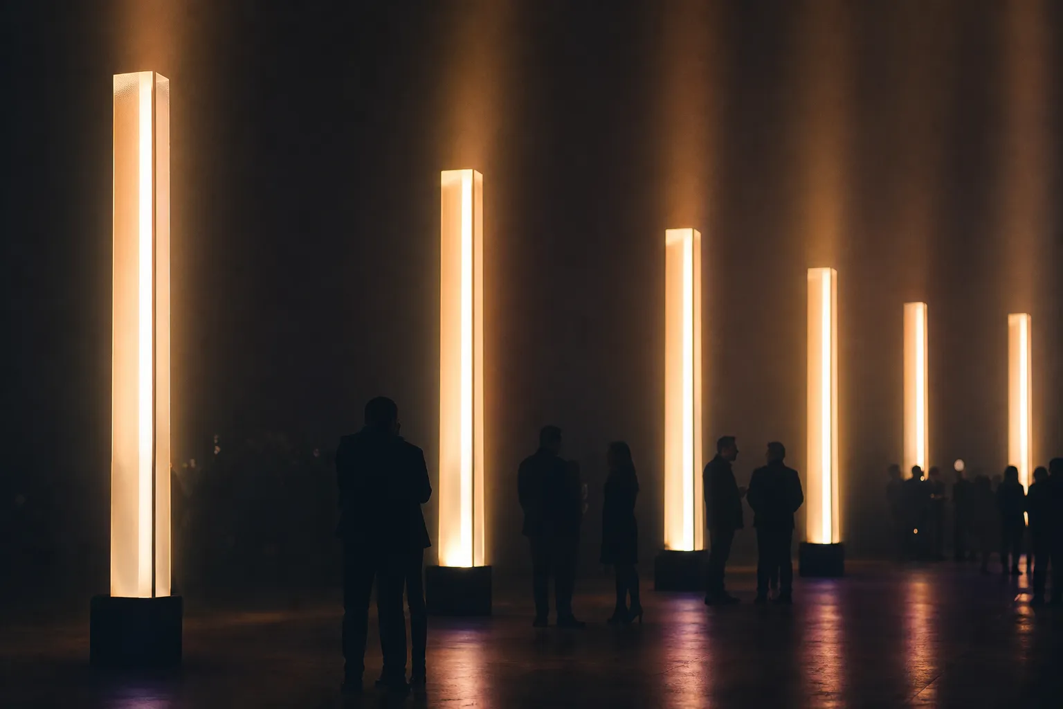 Installation d’éclairage scénique avec colonnes lumineuses verticales et silhouettes de personnes, ambiance sombre et chaleureuse, illustration de la conception éclairage événement professionnel.