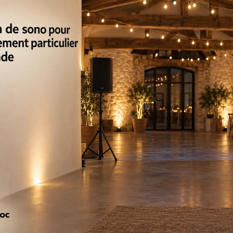 Location de matériel de sonorisation installé dans une salle intérieure élégante avec haut-parleurs sur pieds et décoration