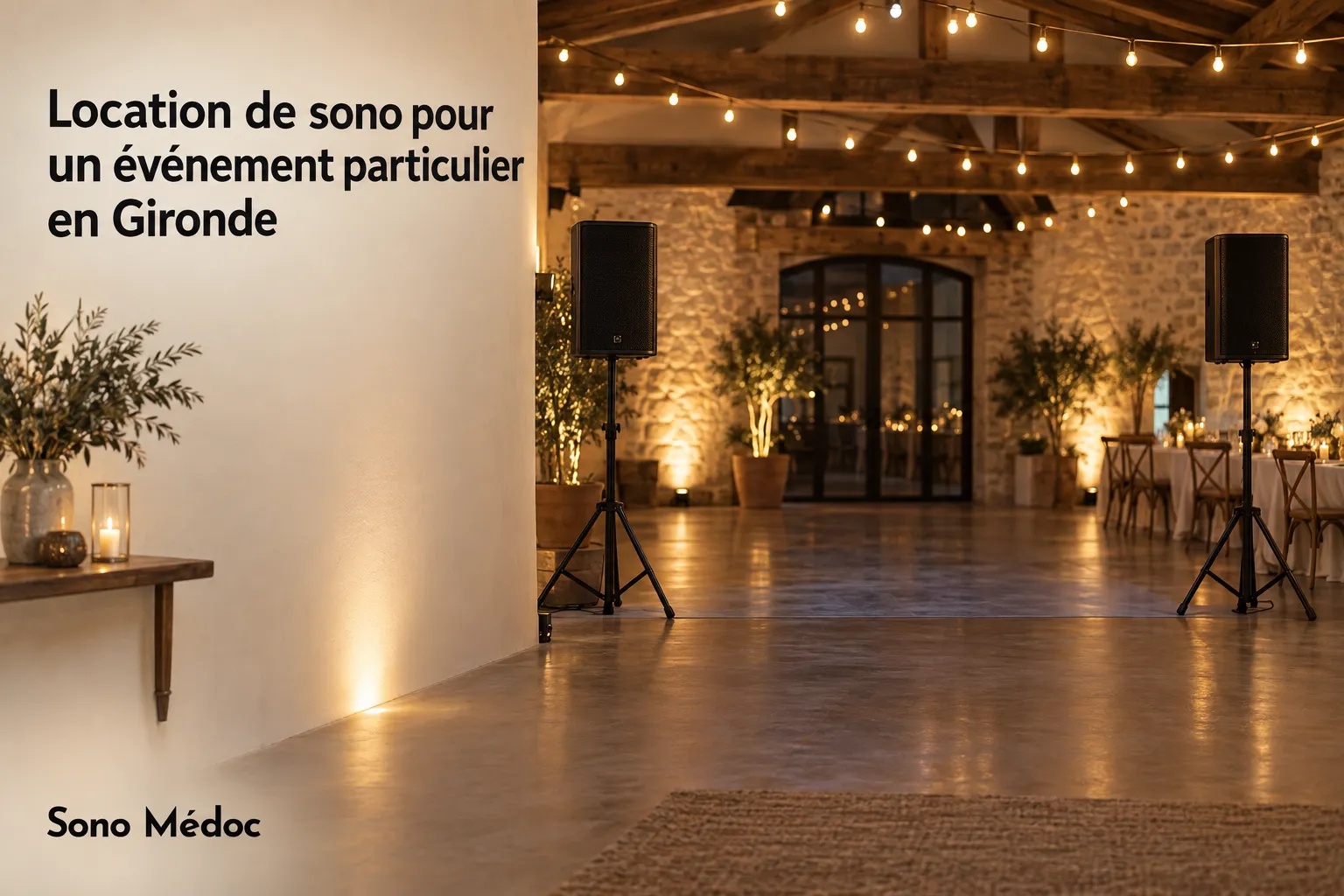 Location de matériel de sonorisation installé dans une salle intérieure élégante avec haut-parleurs sur pieds et décoration