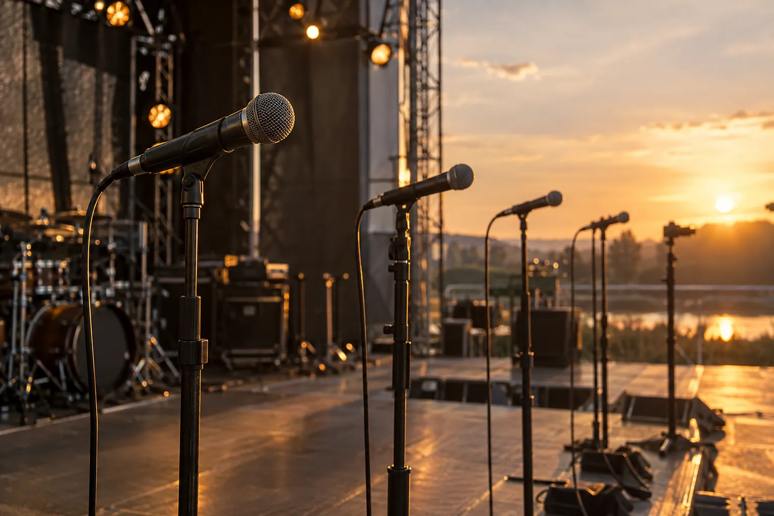 Microphones sur scène en plein concert au coucher du soleil, scène prête pour mise en place. Les différents types de micro en contexte scénique.