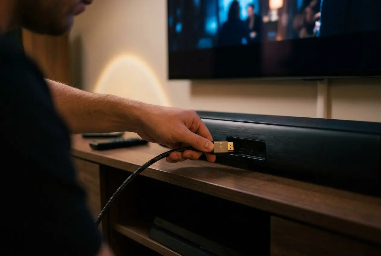 Personne connectant une clé HDMI/USB à une barre de son Sonos, près d’un téléviseur allumé. Intègre le sujet “comment installer un home cinéma Sonos” dans une description fluide.