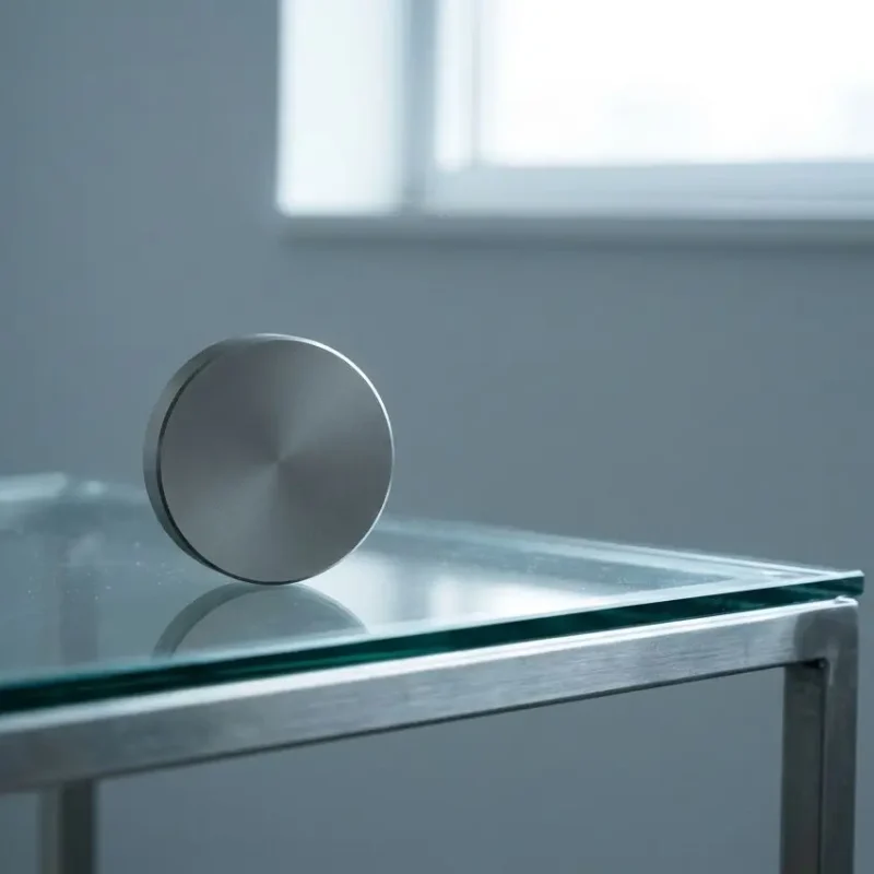 Pied de table en métal et boule aimanté sur plateau en verre, ambiance sobre et lumineuse. Alt text intègre le terme réglementation soirée privée naturellement.