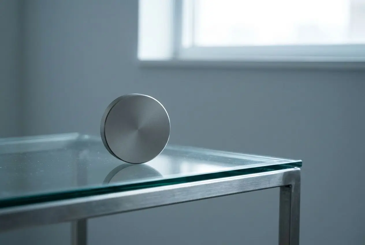 Pied de table en métal et boule aimanté sur plateau en verre, ambiance sobre et lumineuse. Alt text intègre le terme réglementation soirée privée naturellement.