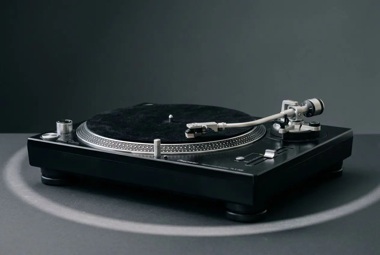Platines vinyle sur plateau noir avec tête noire et tonearm argenté, prêt à jouer. platine vinyle pioneer plx-500 prête à l’emploi.