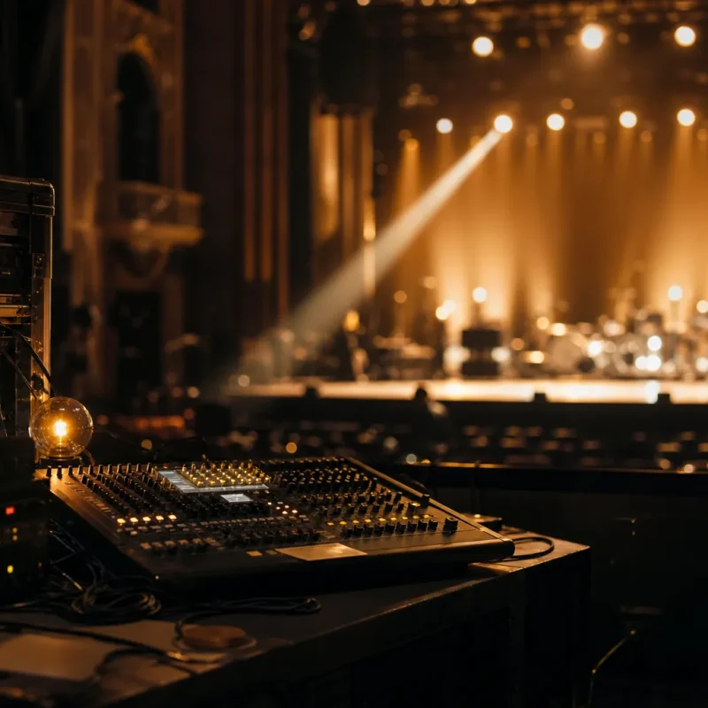 Poste de régisseur technique sur scène, avec console de mixage et instruments en coulisses, ambiance scène éclairée. régisseur technique salaire évoqué.