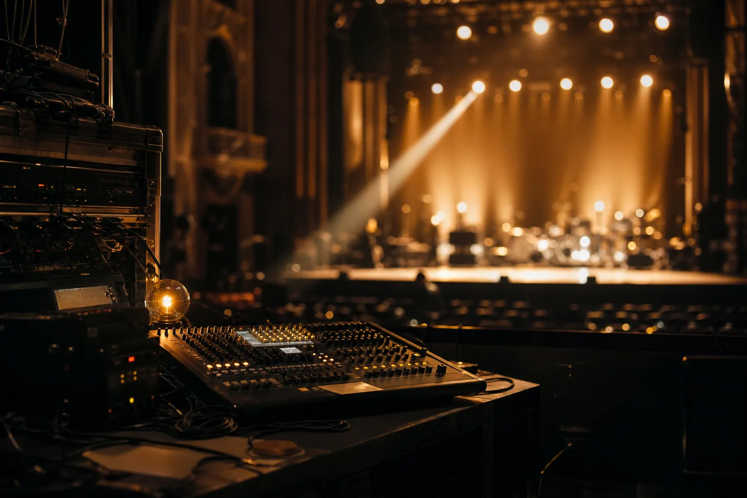 Poste de régisseur technique sur scène, avec console de mixage et instruments en coulisses, ambiance scène éclairée. régisseur technique salaire évoqué.