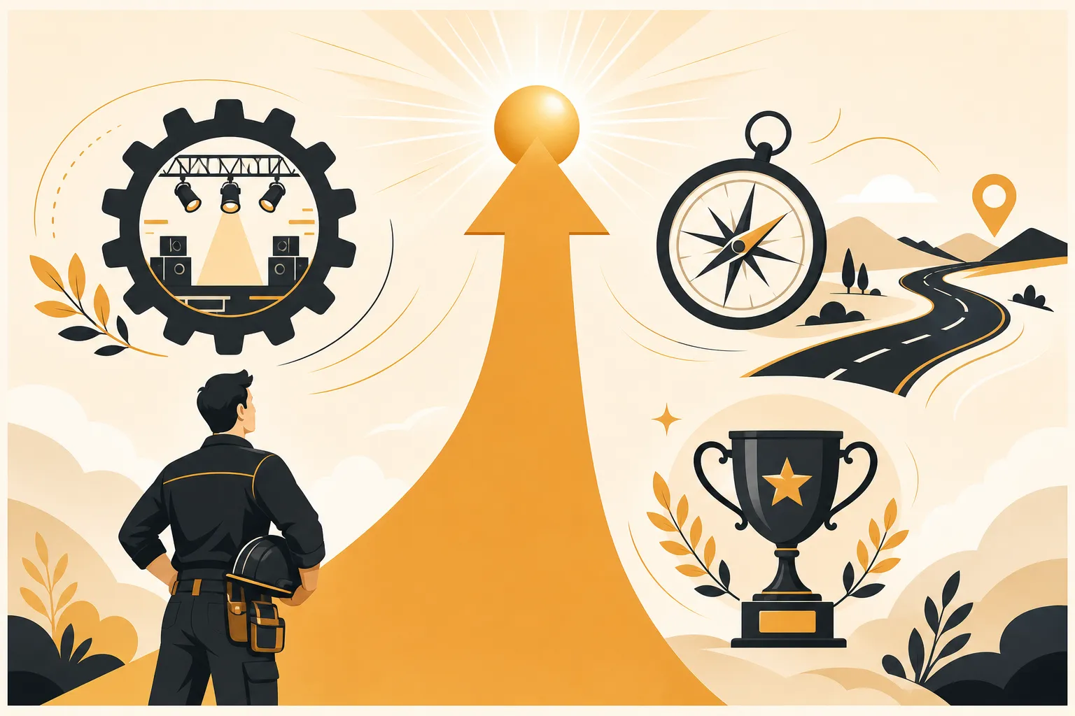 Régisseur technique salaire : figure professionnelle observant une trajectoire ascendante vers le succès avec des outils et trophée.