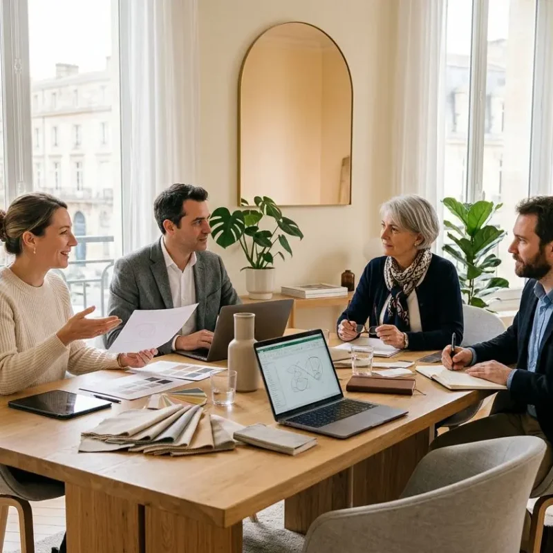 Réunion d’équipe dans un espace lumineux, à table avec laptops et documents, éclairée par de grandes fenêtres. agence événementielle Bordeaux mentionnée.