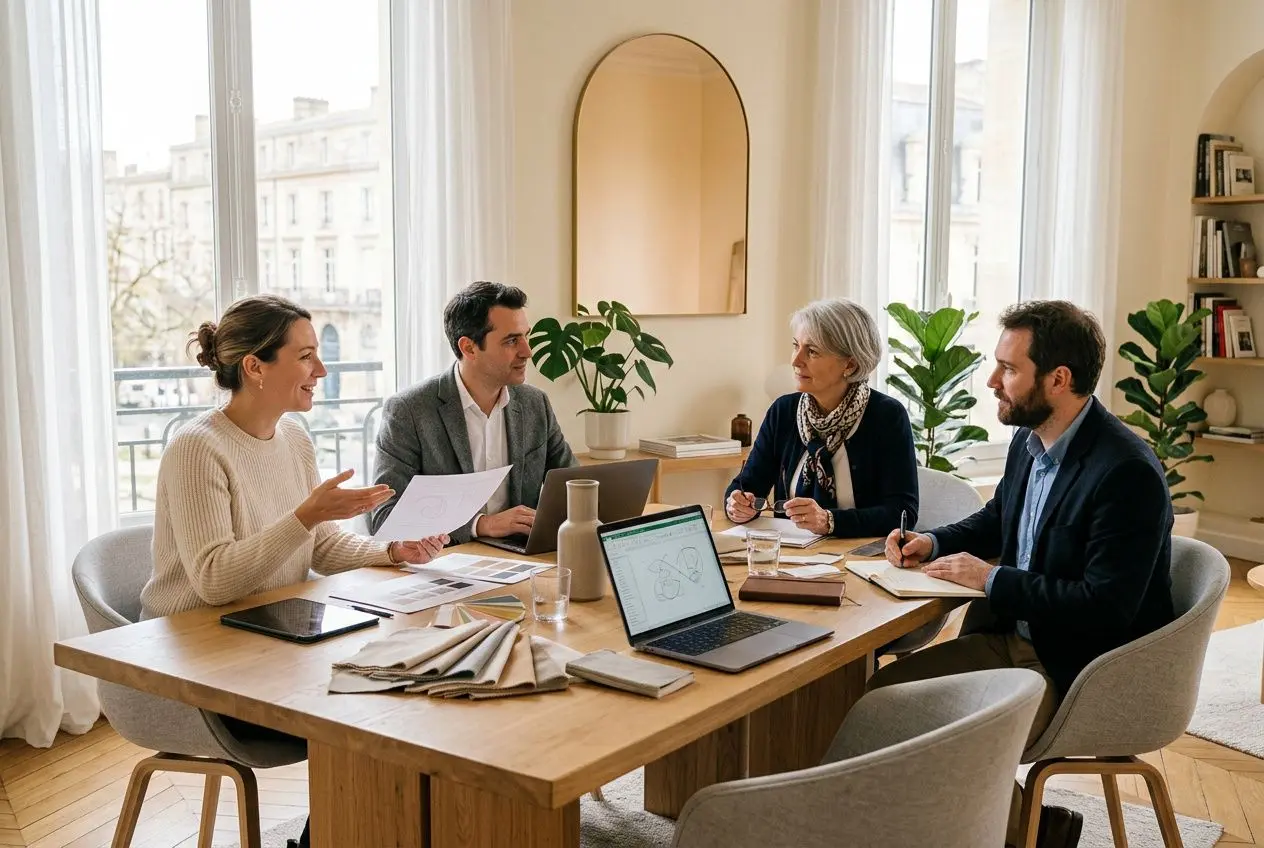 Réunion d’équipe dans un espace lumineux, à table avec laptops et documents, éclairée par de grandes fenêtres. agence événementielle Bordeaux mentionnée.