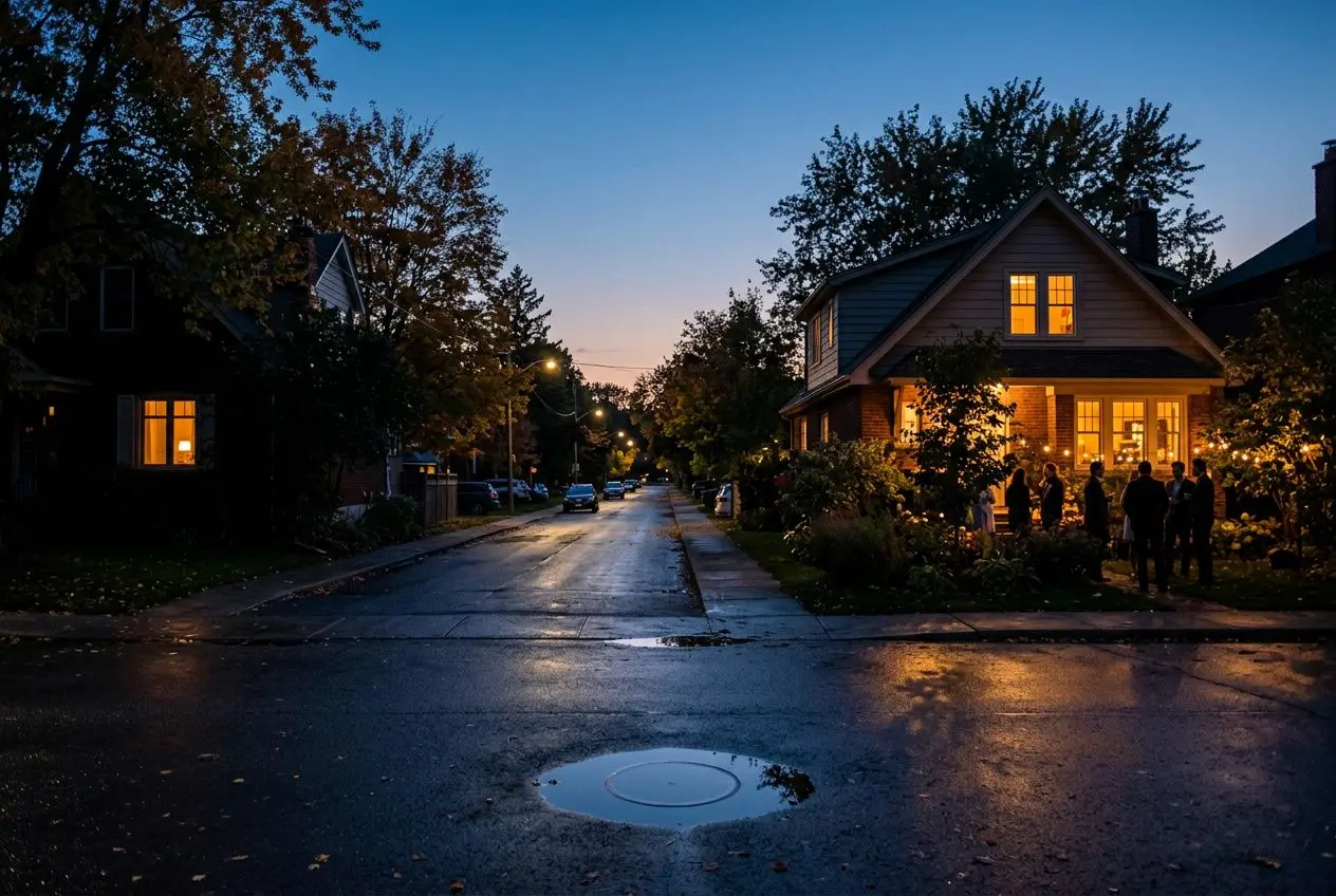Rue calme en soirée près d'une maison illuminée, prêt d'un rassemblement. Réglementation soirée privée évoquée.