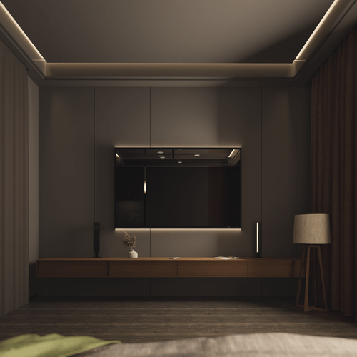 Salon moderne sombre avec meuble TV suspendu et éclairages indirects; cadre idéal pour « comment installer un home cinéma Sonos ».