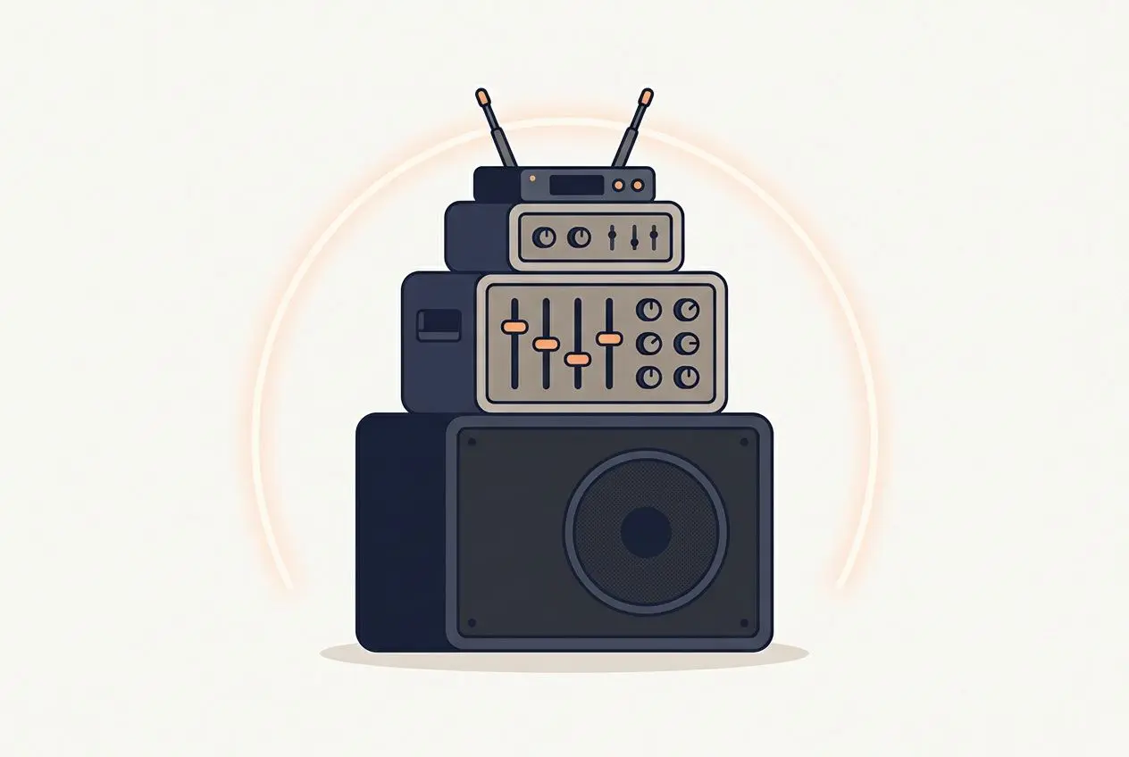 Système de sonorisation avec amplificateur et haut-parleurs, illustration stylisée pour location matériel sonorisation Bordeaux.