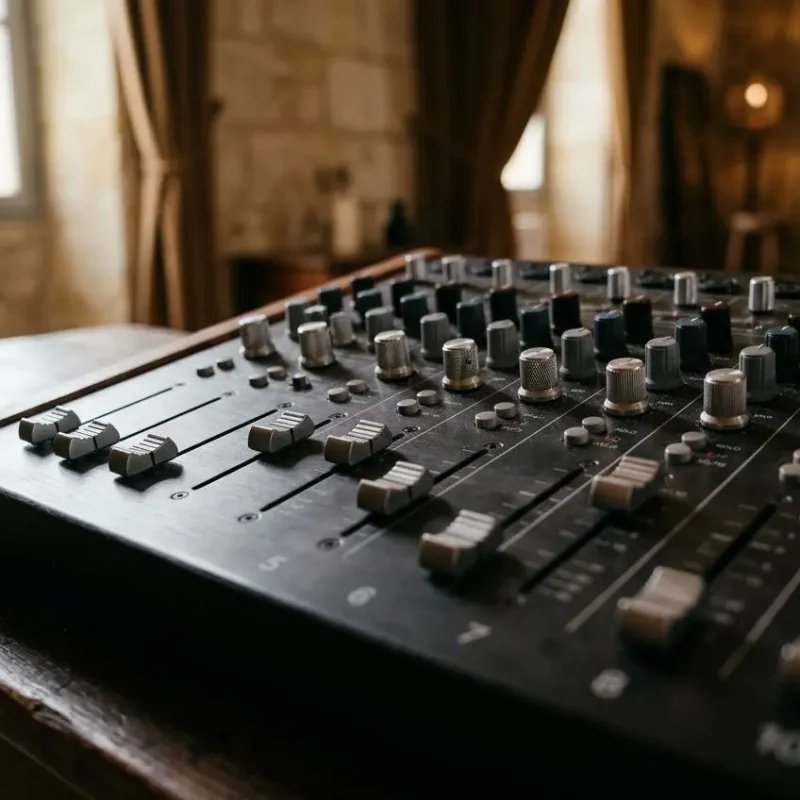 Table de mixage audio professionnelle prête pour location matériel sonorisation Bordeaux, avec boutons et curseurs. location matériel sonorisation Bordeaux