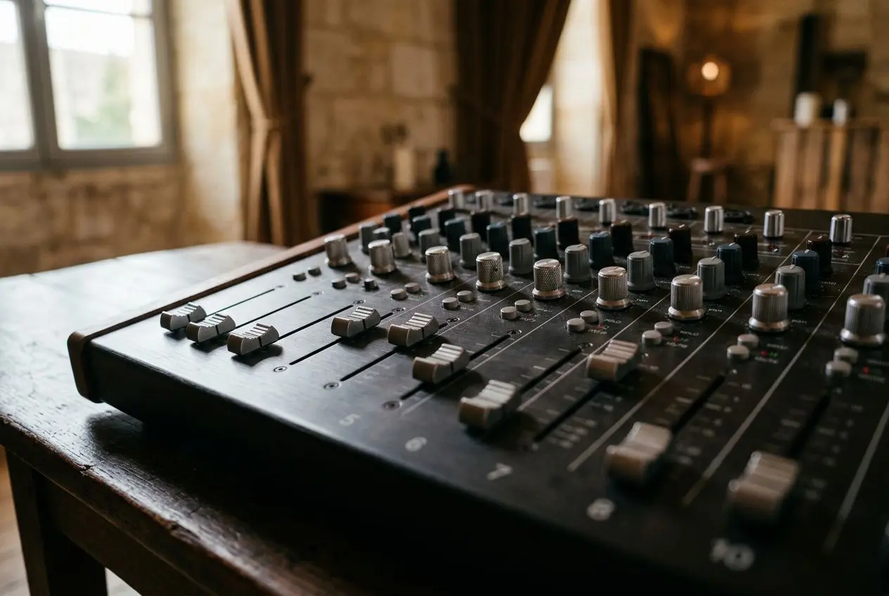 Table de mixage audio professionnelle prête pour location matériel sonorisation Bordeaux, avec boutons et curseurs. location matériel sonorisation Bordeaux