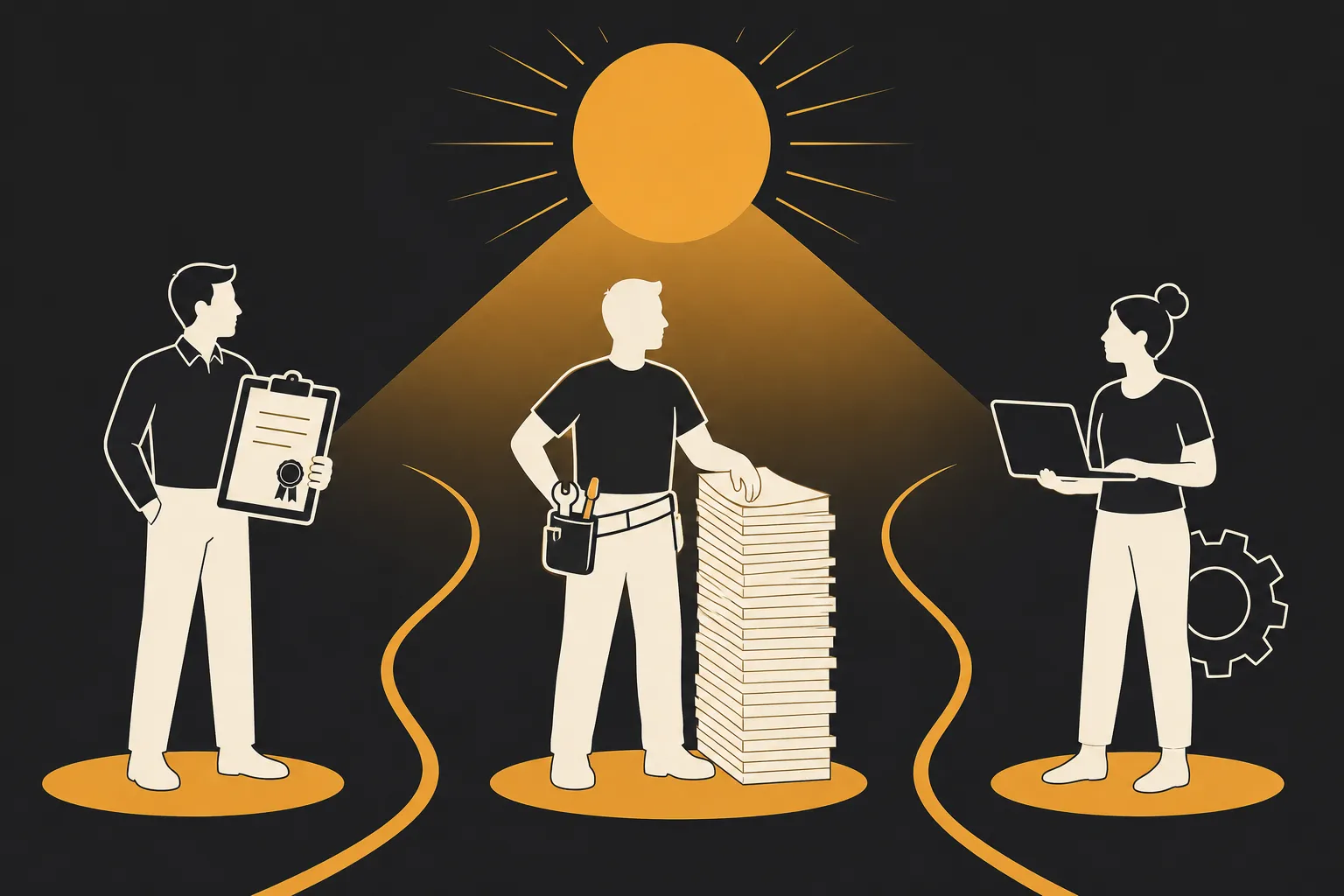 Trois personnages professionnels autour d’un chemin doré menant vers un soleil, l’un avec un carnet, l’autre avec une pile de documents, et la troisième avec un ordinateur. Engrenages et lumière évoquant l’organisation et le travail technique. Régisseur technique salaire intégré de manière naturelle.