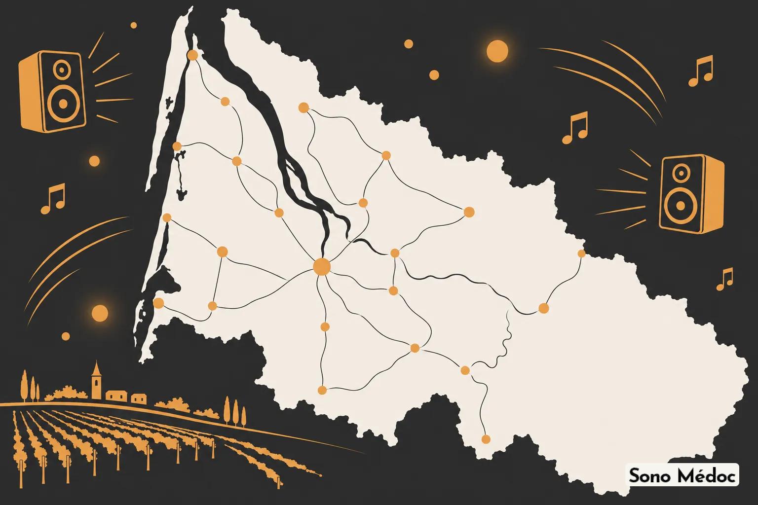 Carte stylisée de la Gironde avec des points et lignes reliant des emplacements, entourée d’enceintes et de notes de musique.