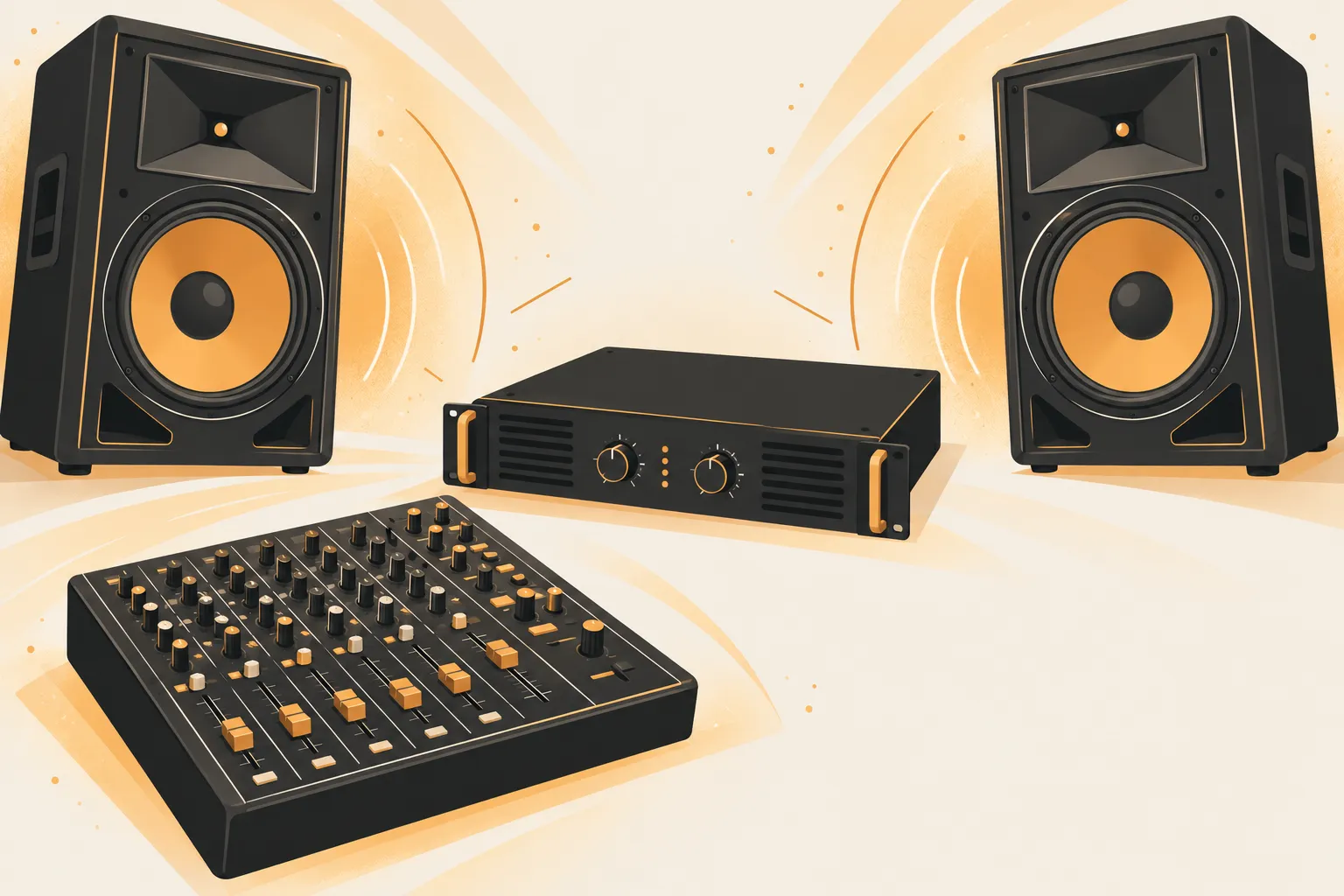Deux enceintes avec un amplificateur et une table de mixage posés sur une surface.