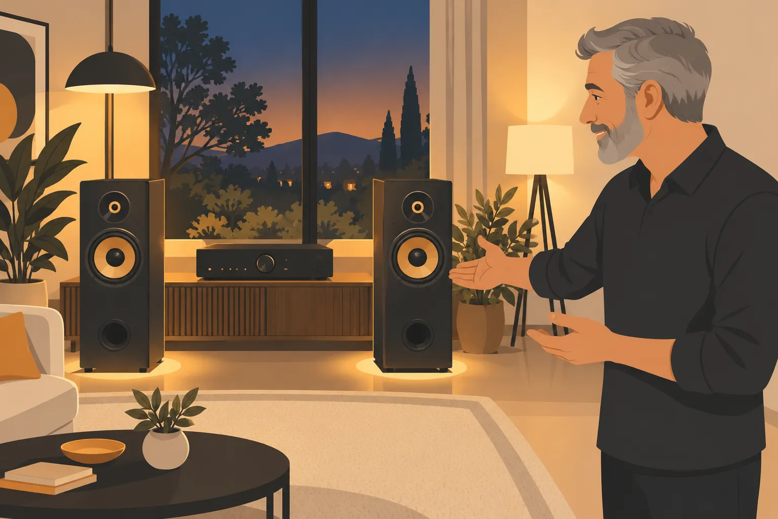 Deux enceintes grand format reliées à un récepteur audio stylisé dans un salon lumineux en soirée.