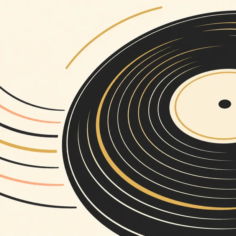 Disque vinyle noir avec des grooves concentriques et des courbes colorées autour, suggérant le mouvement et le rythme.