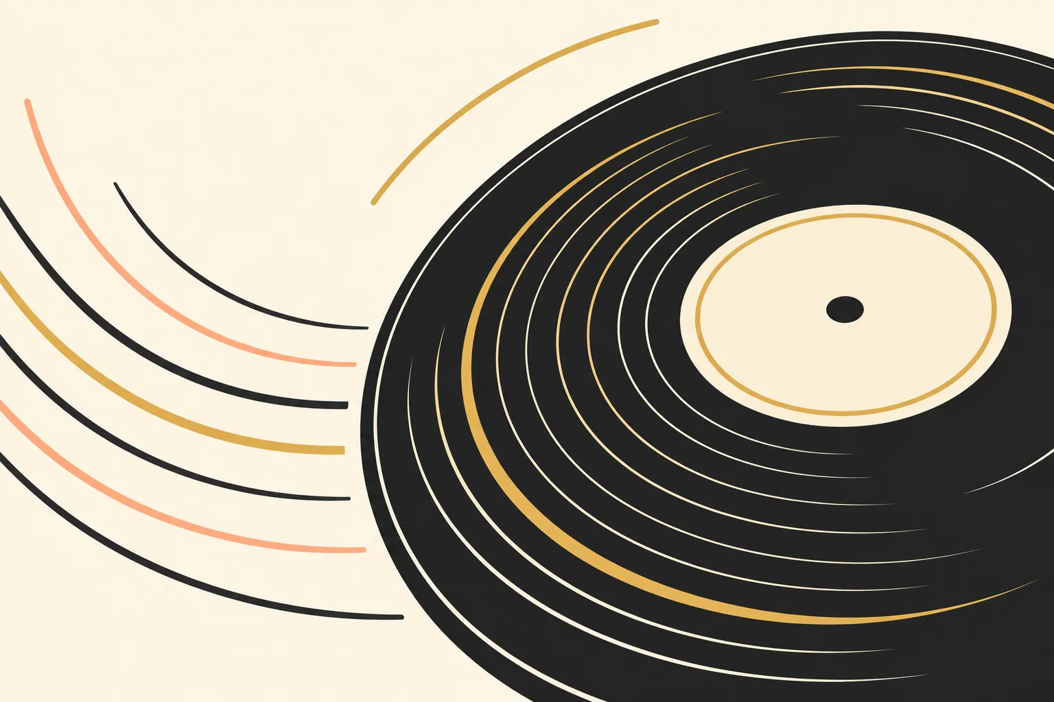 Disque vinyle noir avec des grooves concentriques et des courbes colorées autour, suggérant le mouvement et le rythme.