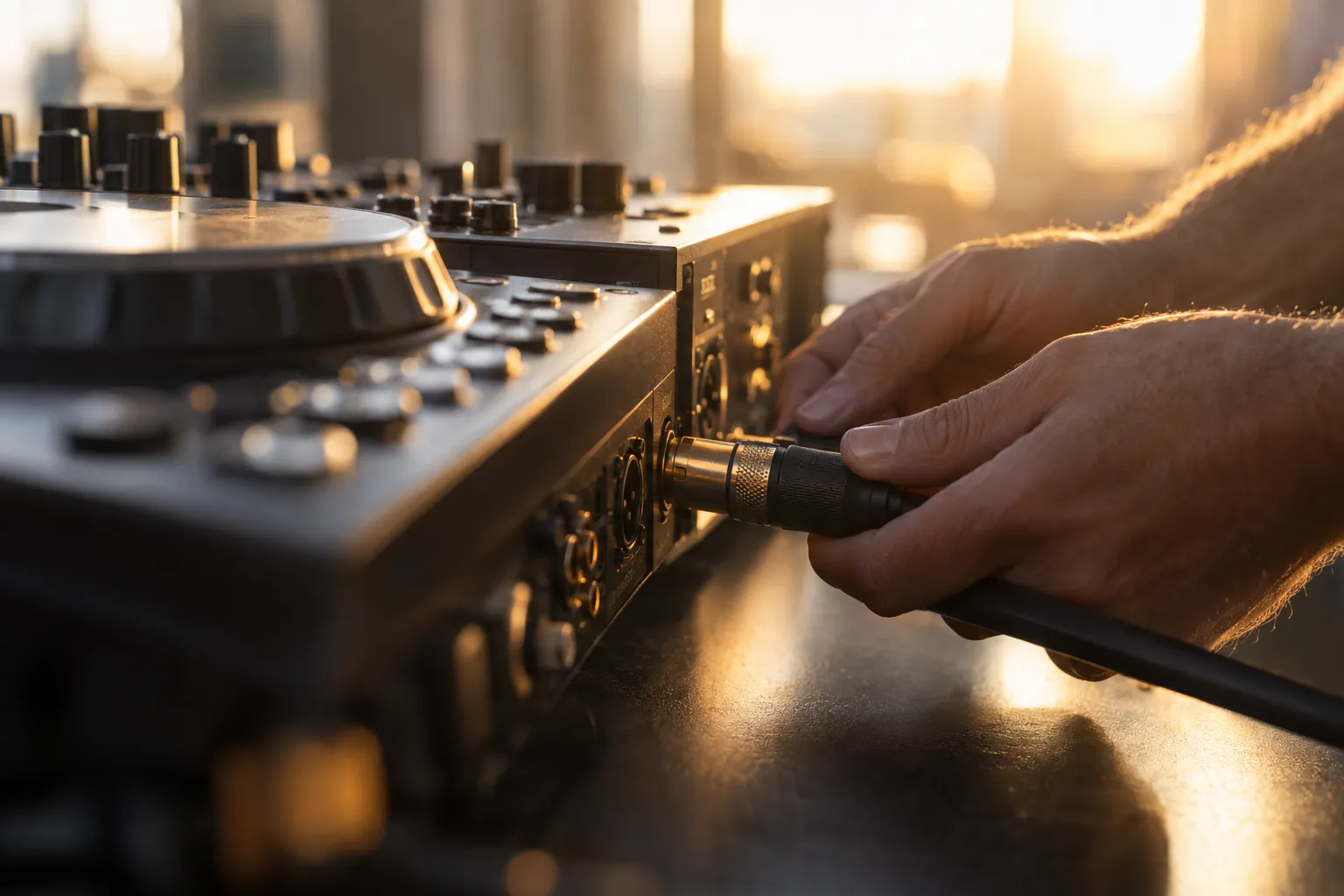 Un DJ ajuste les câbles sur une table de mixage en prenant une connexion avec une prise jack.
