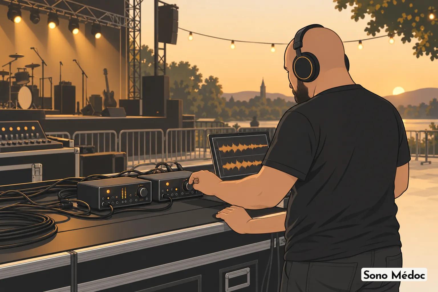 Un DJ ou ingénieur du son porte des écouteurs et ajuste des équipements audio devant une console sur scène en plein air.