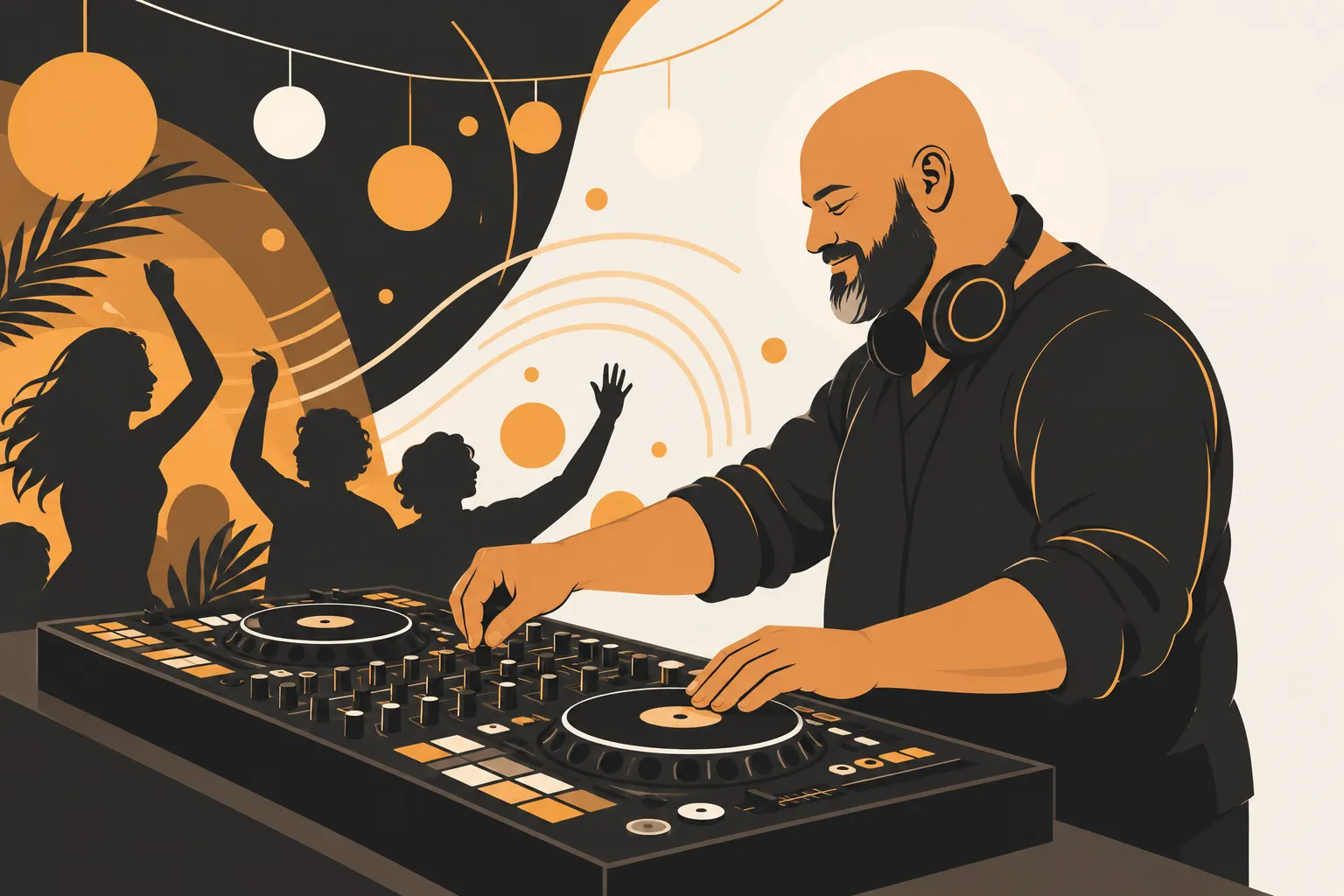 DJ prenant place derrière une platine de mixage avec casque autour du cou et public en arrière-plan.