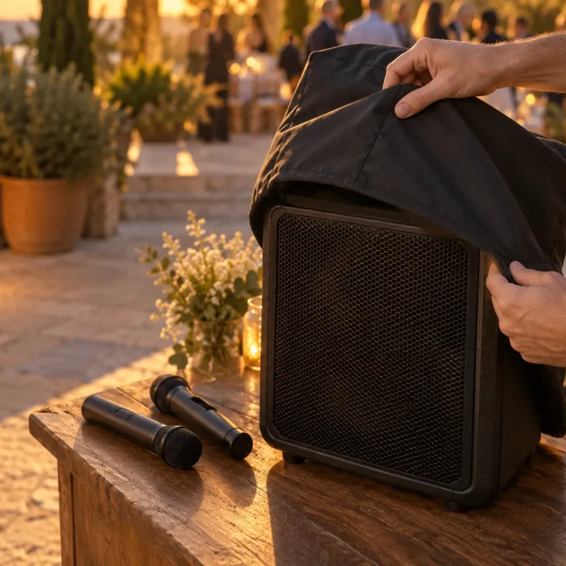 Enceinte portable avec micro intégré découverte sous une housse lors d’un événement en plein air.